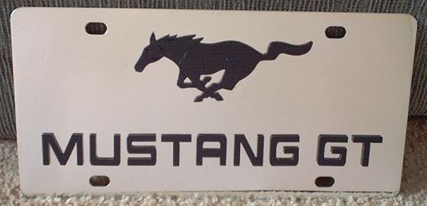Mustang GT script w/ running horse Black s/s plate